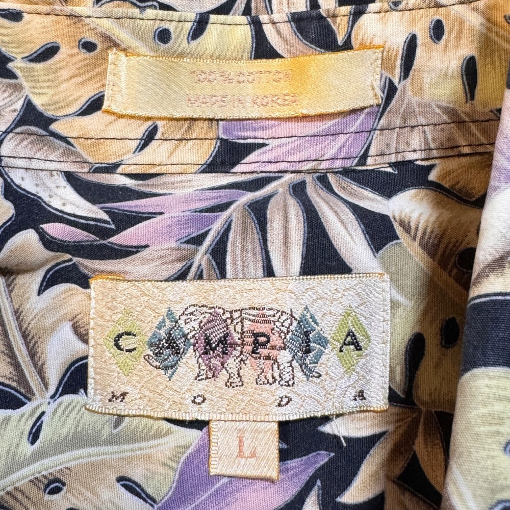 Campia Moda Shirt Mens Large Black Purple Tropical Leaf Print Cotton Hawaiian 90 - Picture 6 of 8